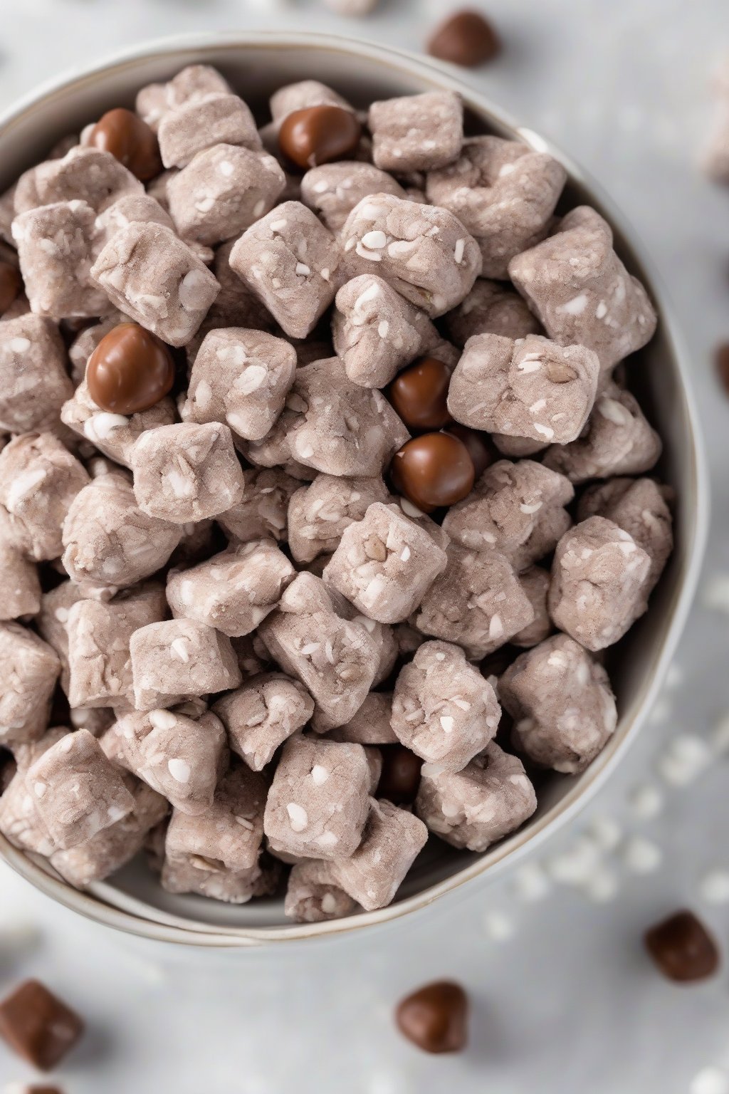 A high-resolution photo of Nutella hazelnut muddy buddies with nut pieces in an elegant dish, under soft lighting.