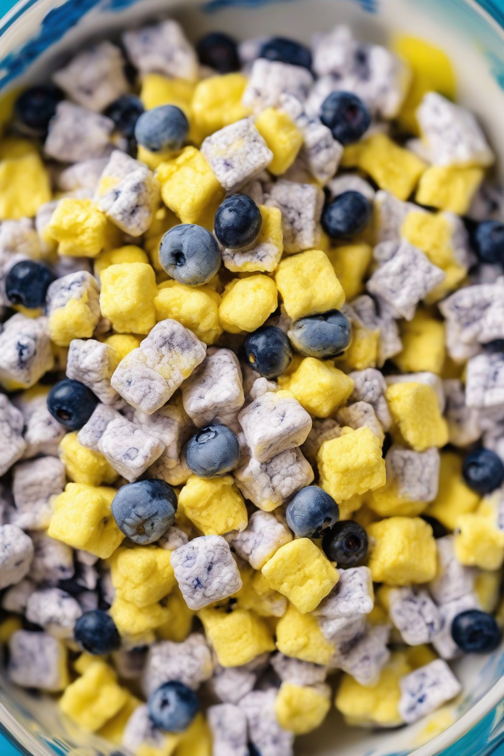 A high-resolution photo of lemon blueberry muddy buddies bright yellow with blue berries in a clear bowl, under soft lighting.