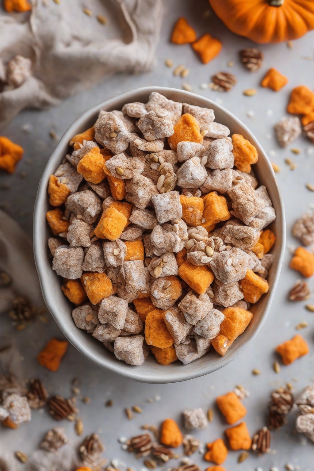 A high-resolution photo of pumpkin spice muddy buddies with orange tinges and seeds in a fall-themed bowl, under soft lighting.