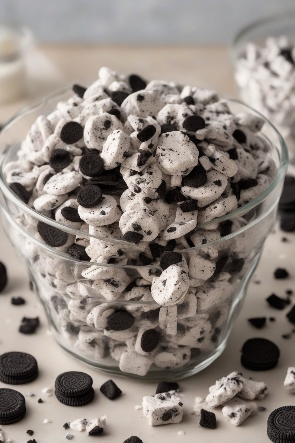 A high-resolution photo of Oreo muddy buddies with black cookie bits throughout in a stack, under soft lighting.