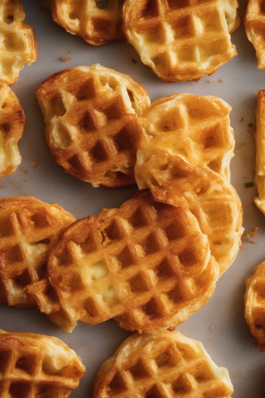 A high-resolution photo of a golden, crispy basic cheddar chaffle stacked with butter pats under soft lighting.