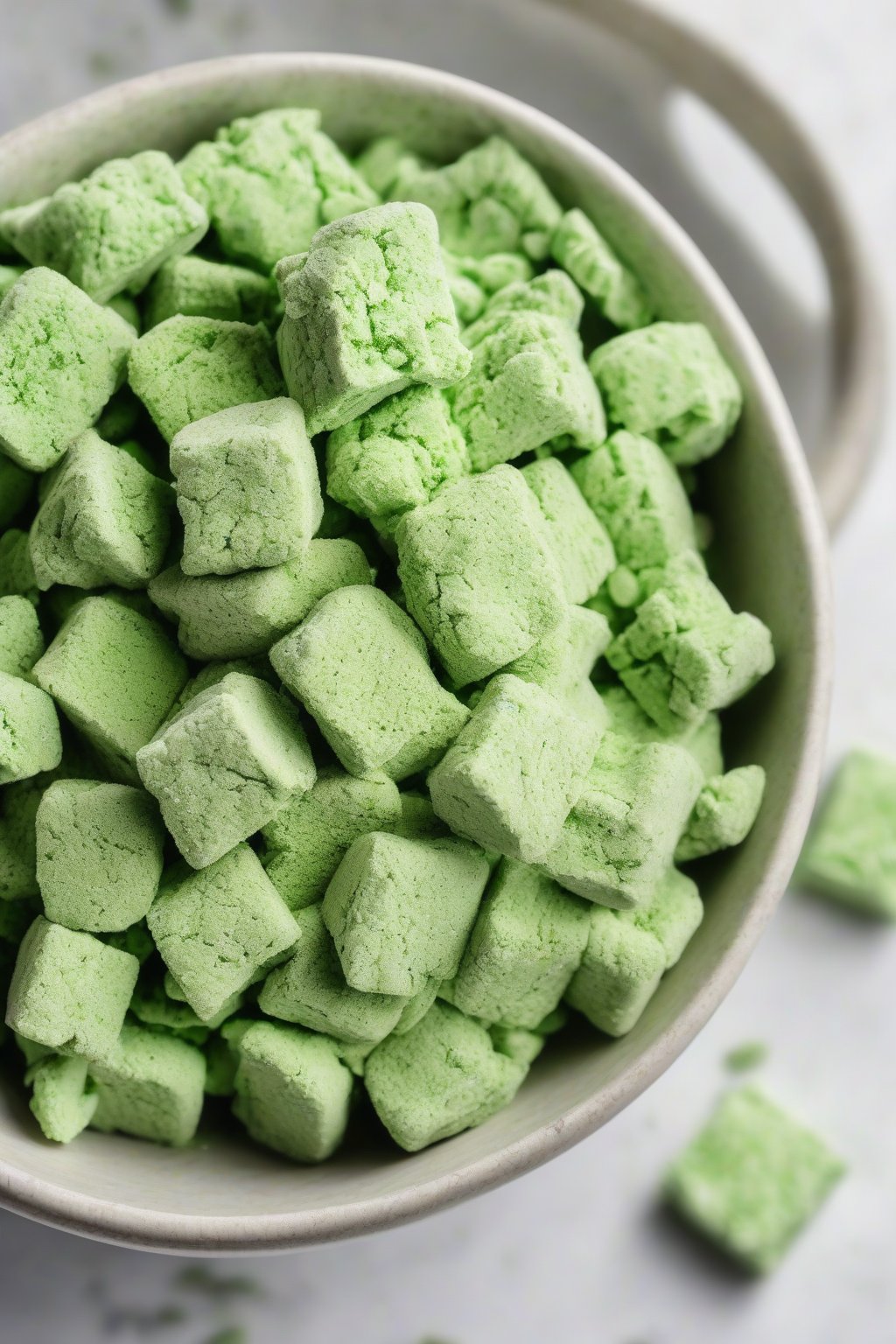 A high-resolution photo of matcha green tea muddy buddies vibrant green-dusted in a modern bowl, under soft lighting.