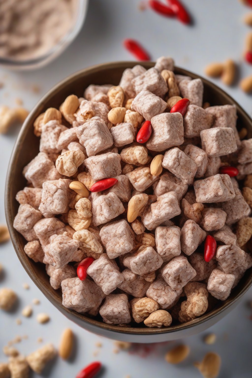 A high-resolution photo of spicy chipotle muddy buddies with red flecks and peanuts in a bold bowl, under soft lighting.