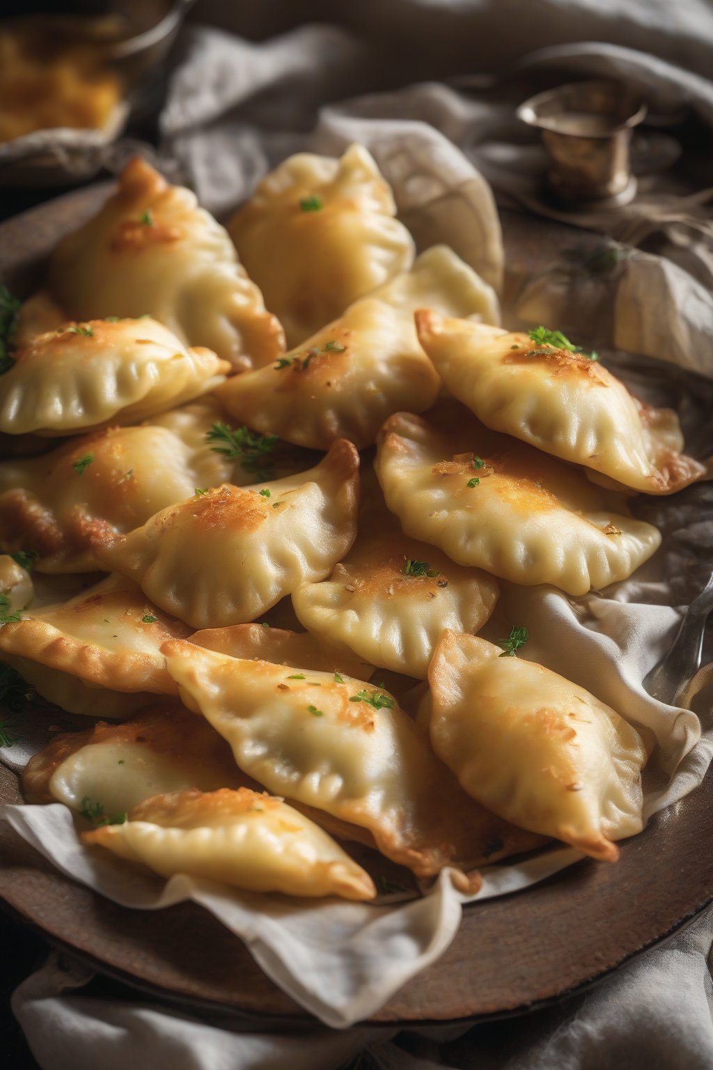 A close-up photo of golden-fried potato and cheddar perogies on a rustic plate, steam rising, under soft lighting.
