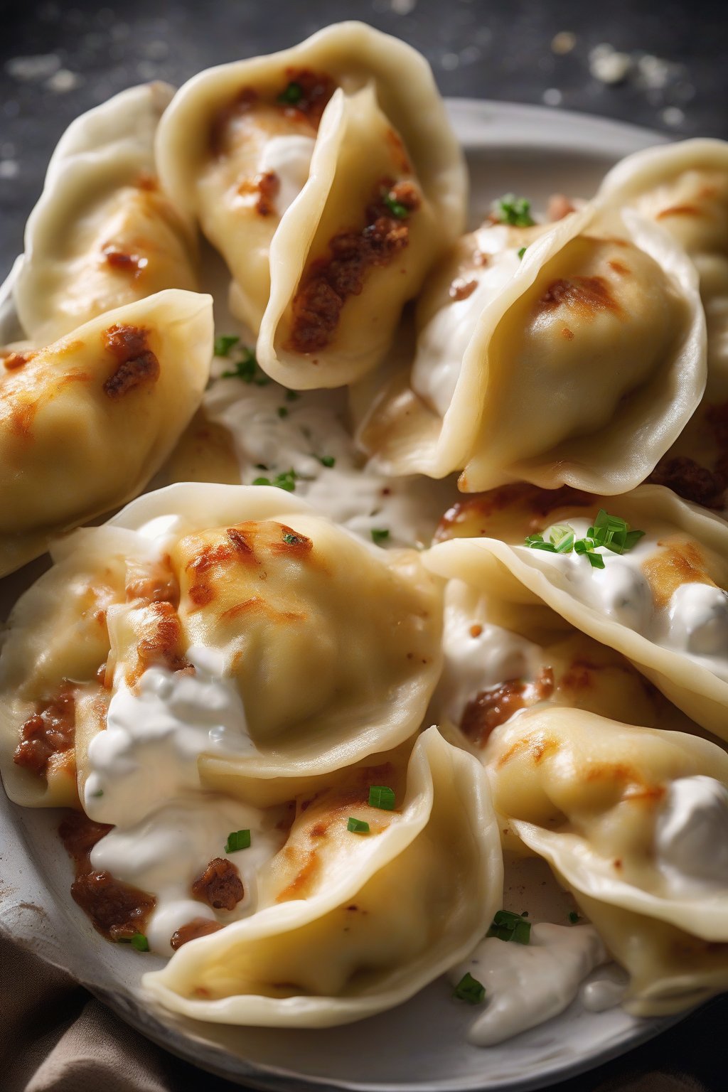 A close-up photo of meat-filled perogies sliced open revealing juicy filling, garnished with sour cream, under soft lighting.