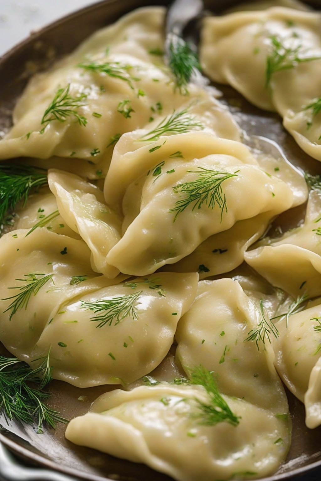 A close-up photo of sauerkraut perogies glistening with butter, topped with fresh dill, under soft lighting.