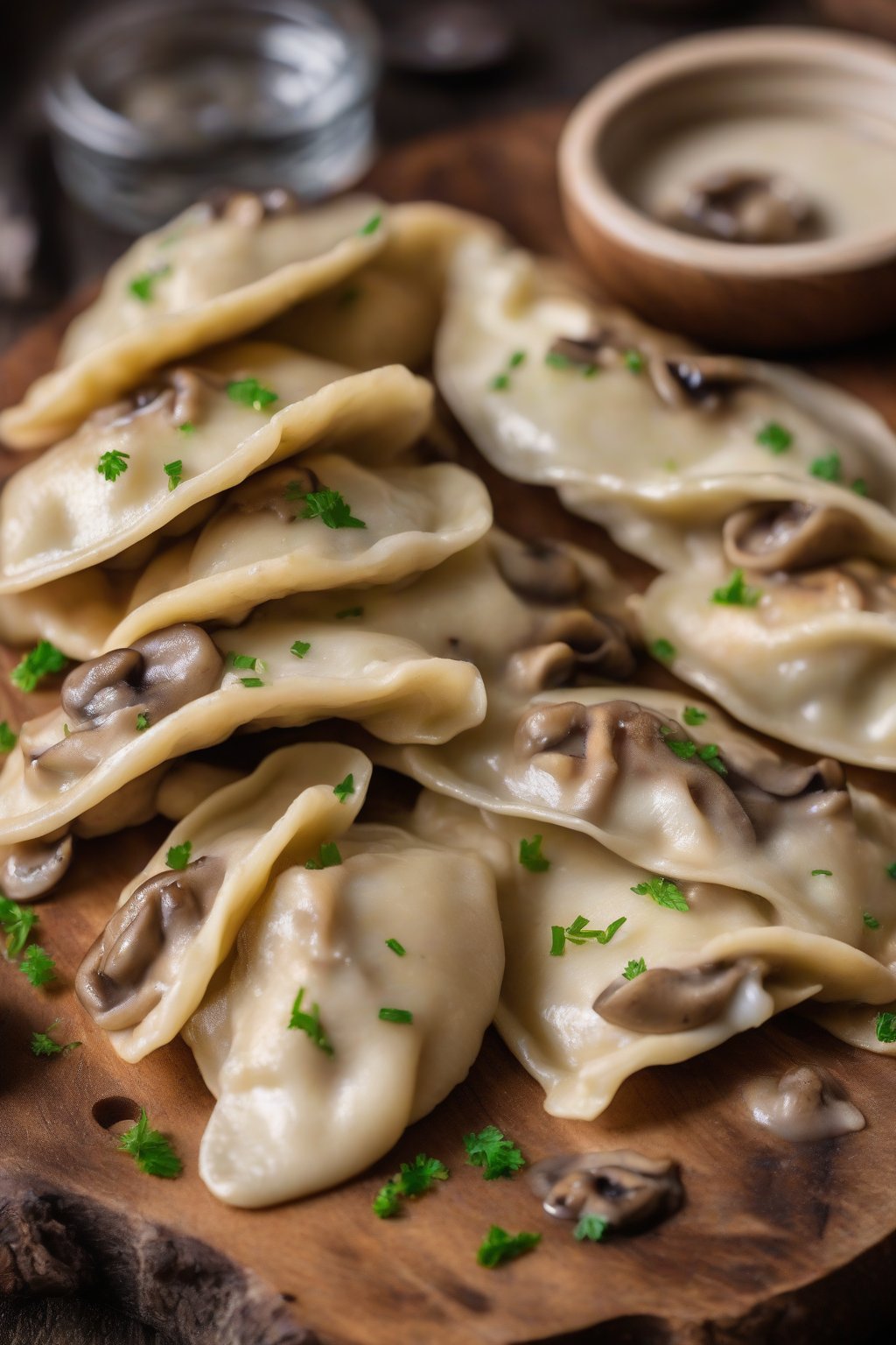 A close-up photo of mushroom perogies with creamy filling oozing out, on a wooden board, under soft lighting.