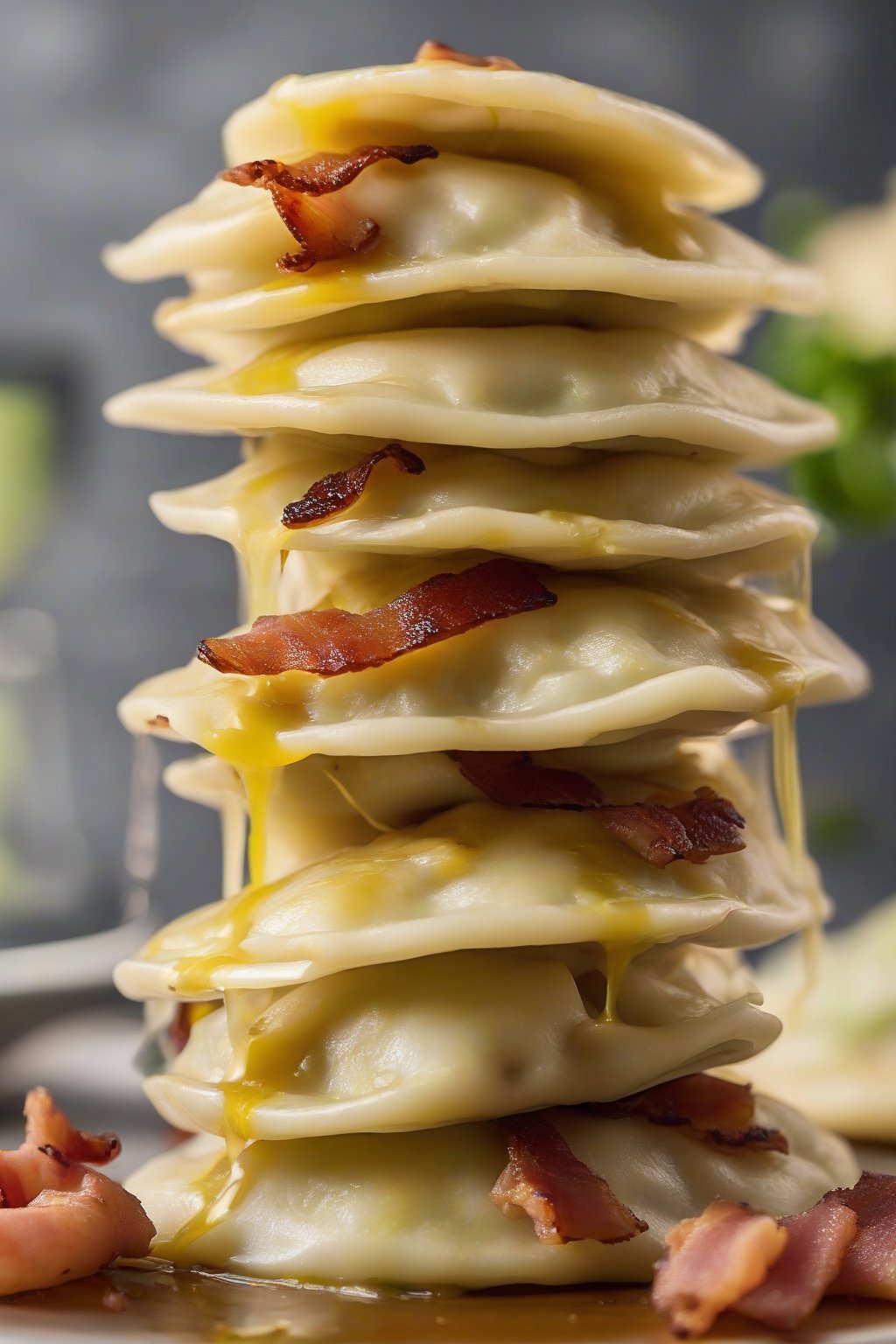 A close-up photo of cabbage and bacon perogies stacked high, drizzled with melted butter, under soft lighting.