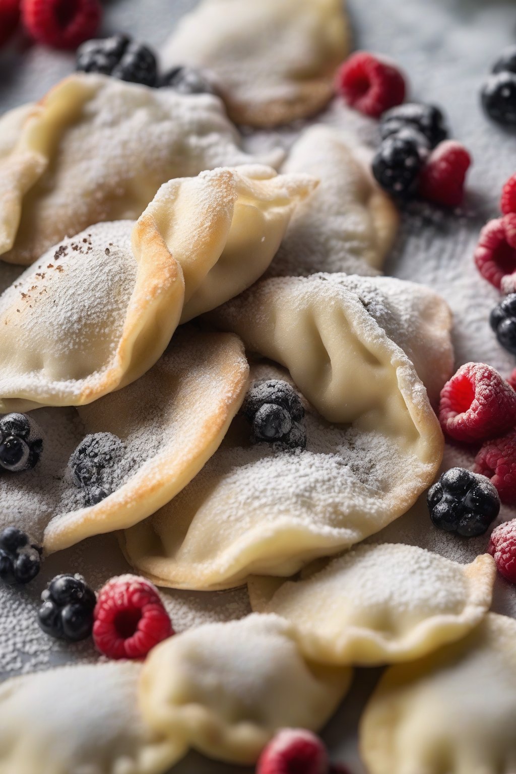A close-up photo of farmer's cheese perogies dusted with powdered sugar, alongside berries, under soft lighting.