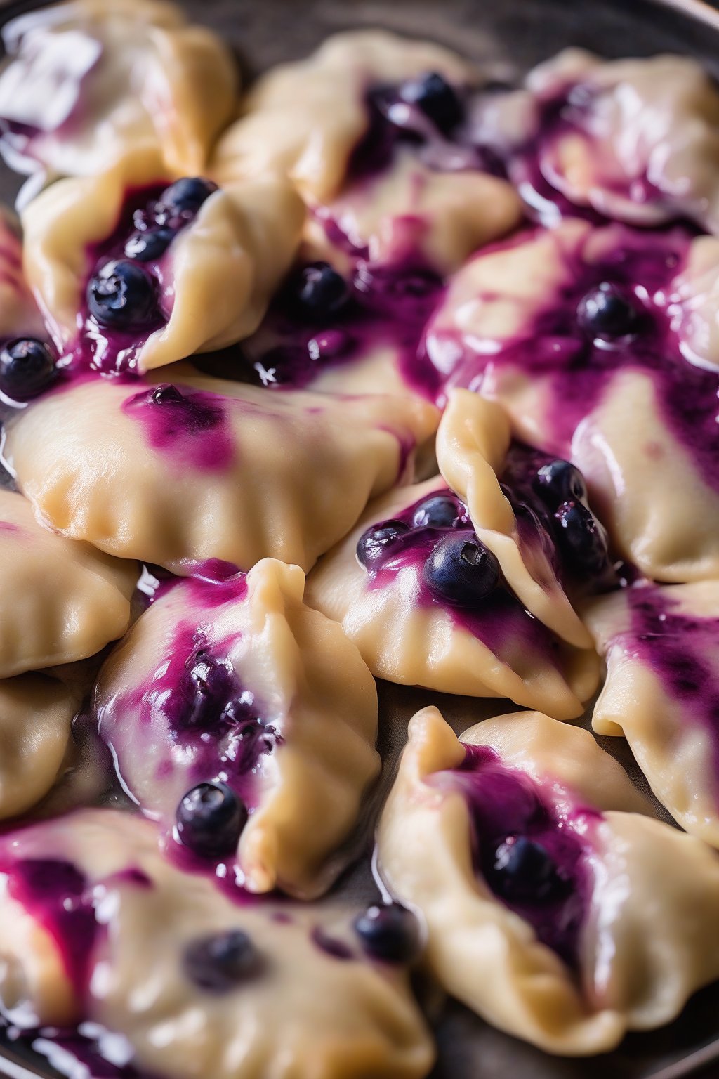 A close-up photo of blueberry perogies bursting with purple filling, syrup pooling, under soft lighting.