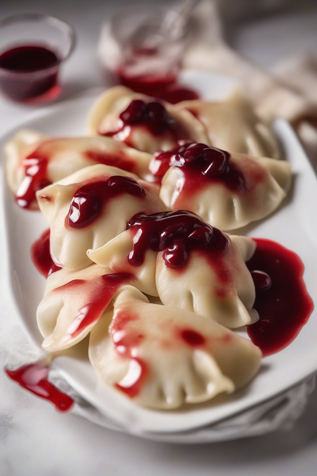 A close-up photo of cherry-filled perogies with glossy red juices, on a white plate, under soft lighting.