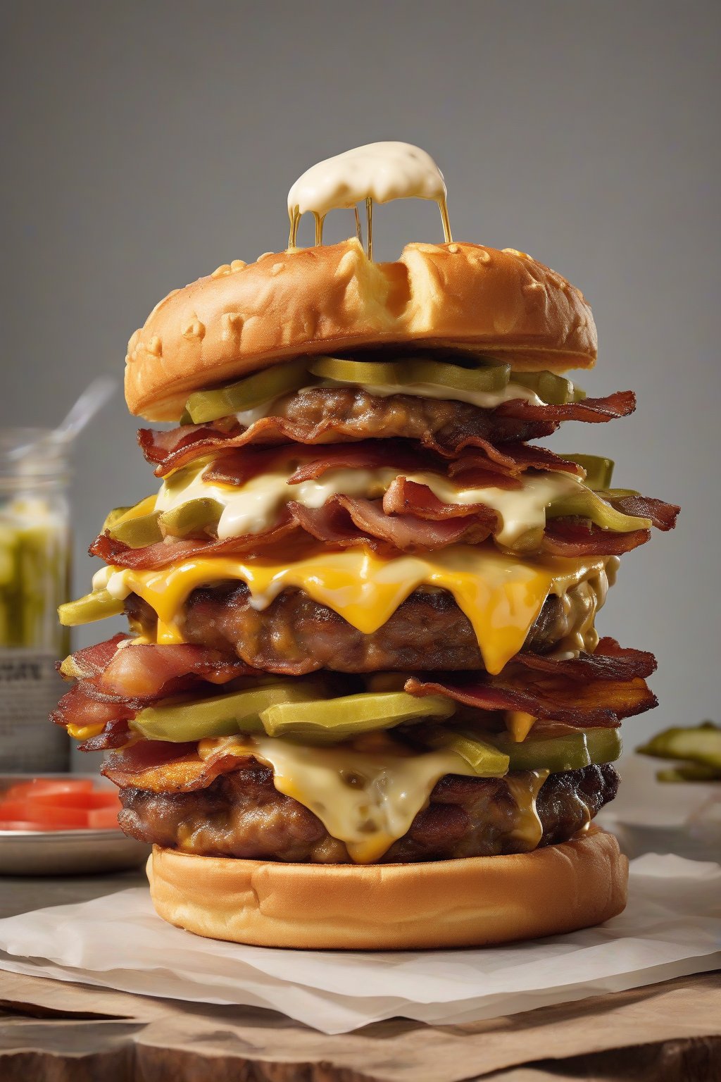 A high-resolution photo of a bacon cheeseburger chaffle topped with pickles and mayo under soft lighting.