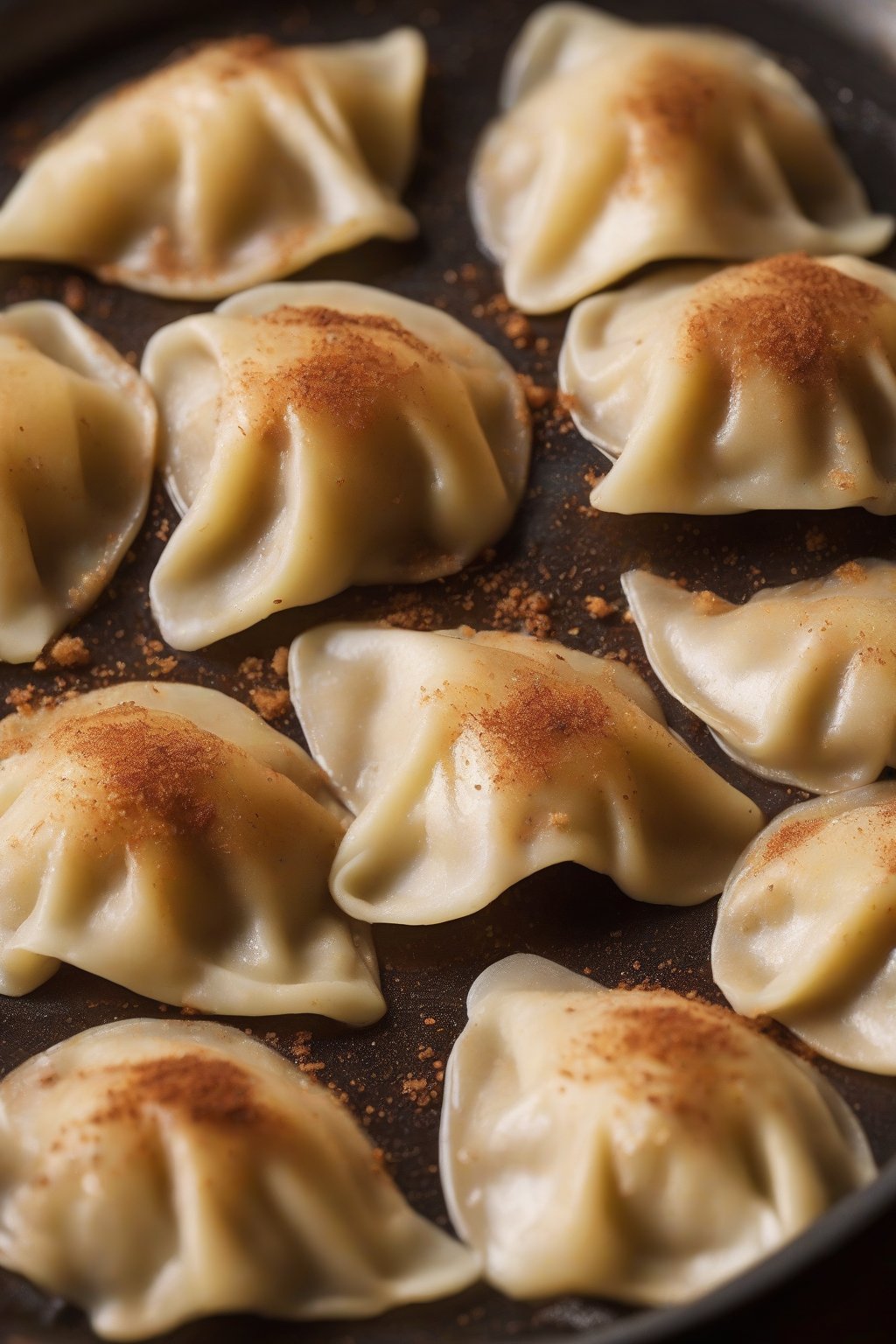 A close-up photo of apple cinnamon perogies warm and steaming, sprinkled with cinnamon, under soft lighting.