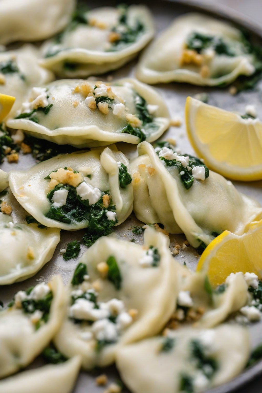 A close-up photo of spinach feta perogies halved, feta crumbling out, with lemon wedge, under soft lighting.