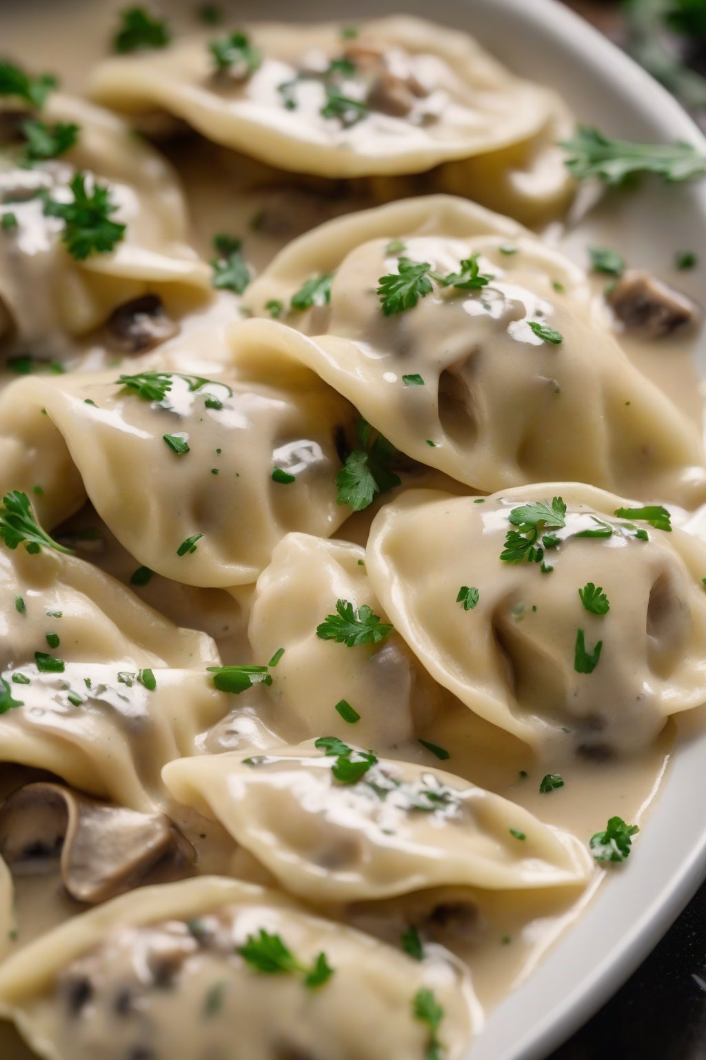 A close-up photo of chicken mushroom perogies with creamy sauce drizzle, under soft lighting.