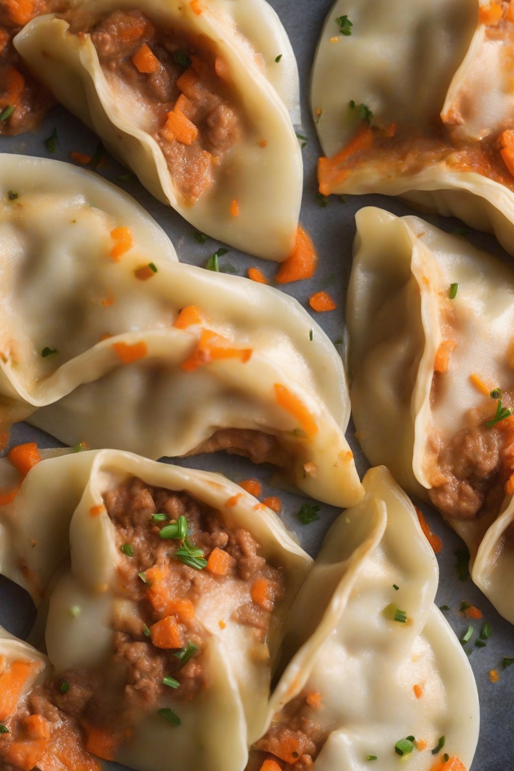 A close-up photo of beef carrot perogies cross-sectioned, carrot flecks visible, under soft lighting.