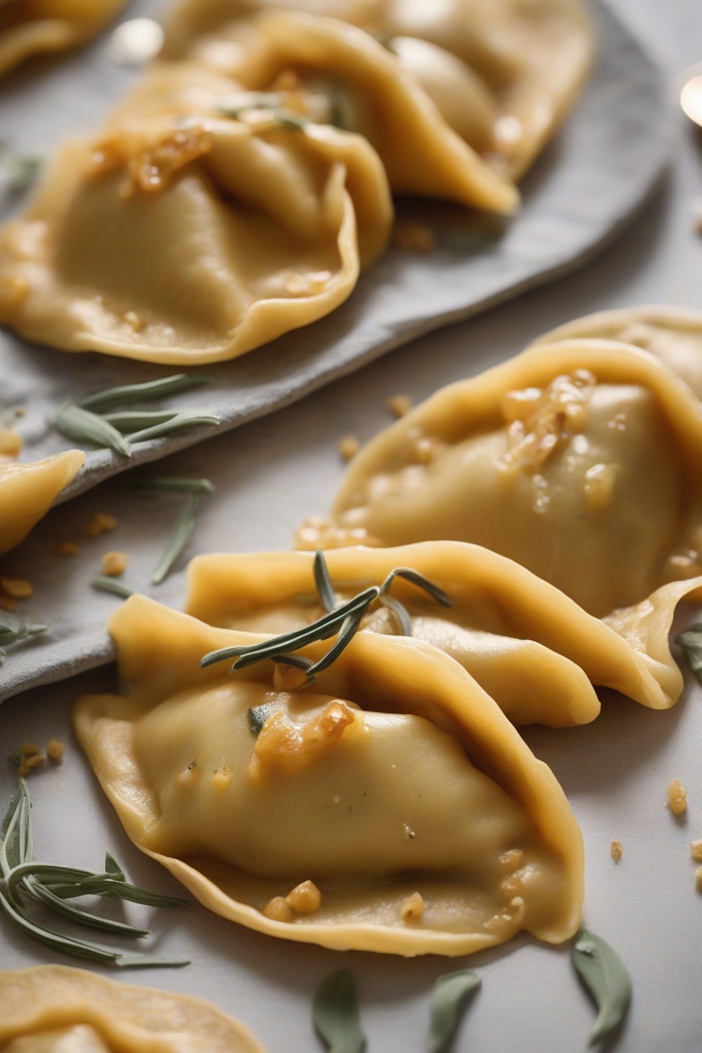 A close-up photo of pumpkin perogies sage-garnished, golden hue, under soft lighting.