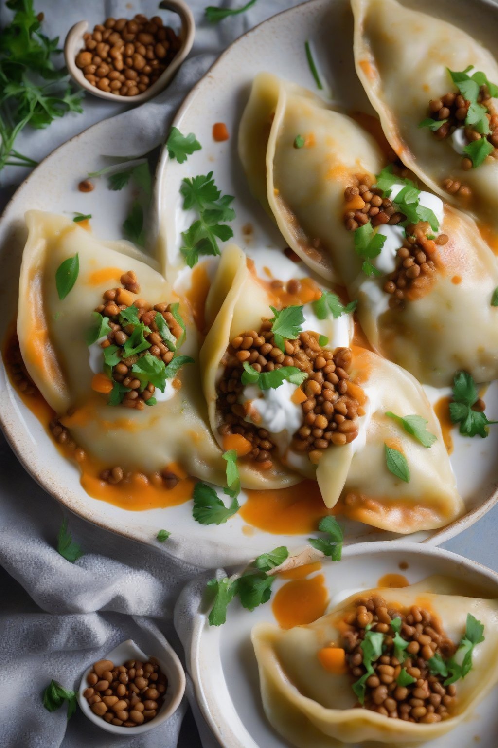 A close-up photo of lentil veggie perogies vibrant and spiced, yogurt dollop atop, under soft lighting.