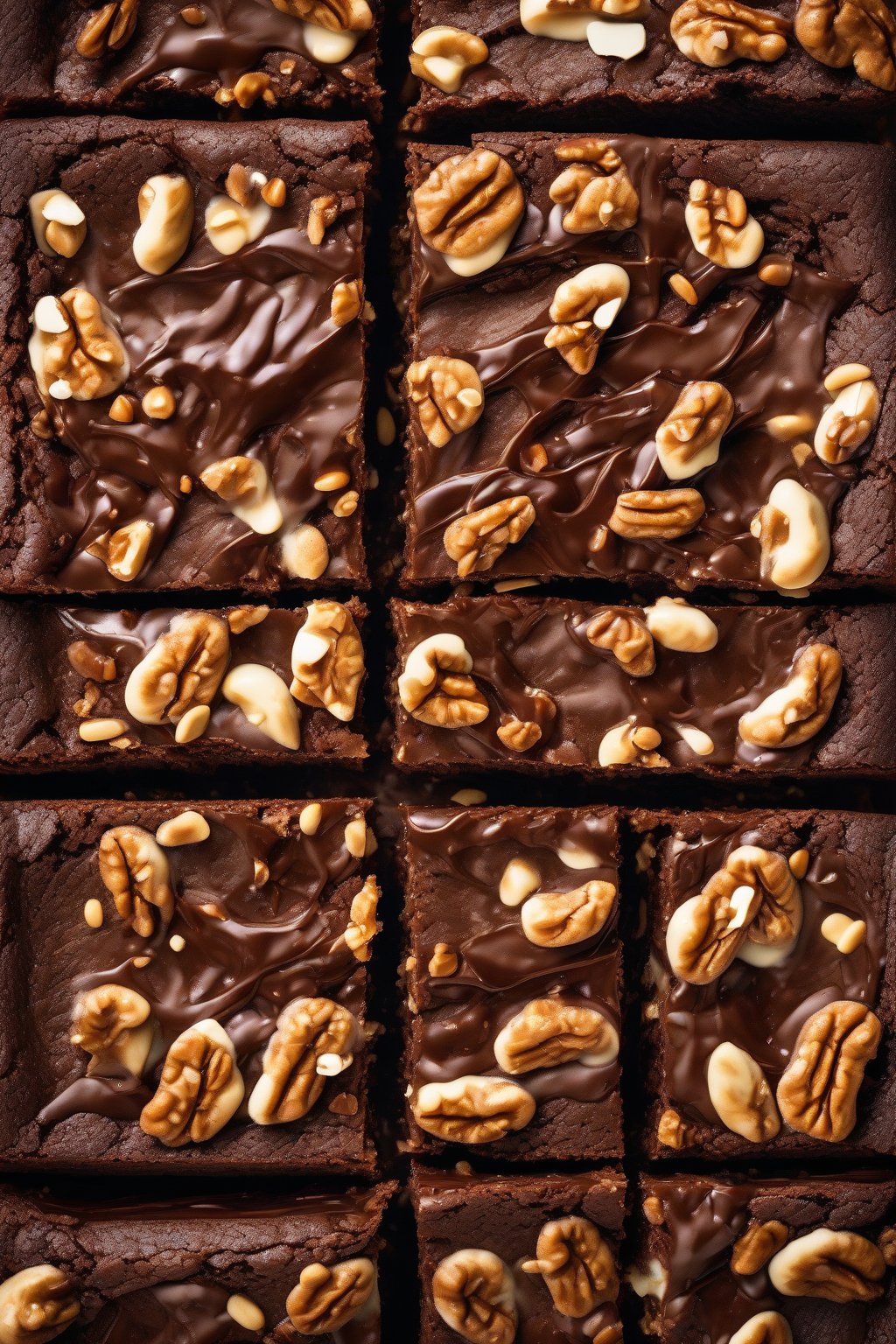 A high-resolution photo of walnut crunch dense brownies, gooey center with chunky nuts, under soft lighting.