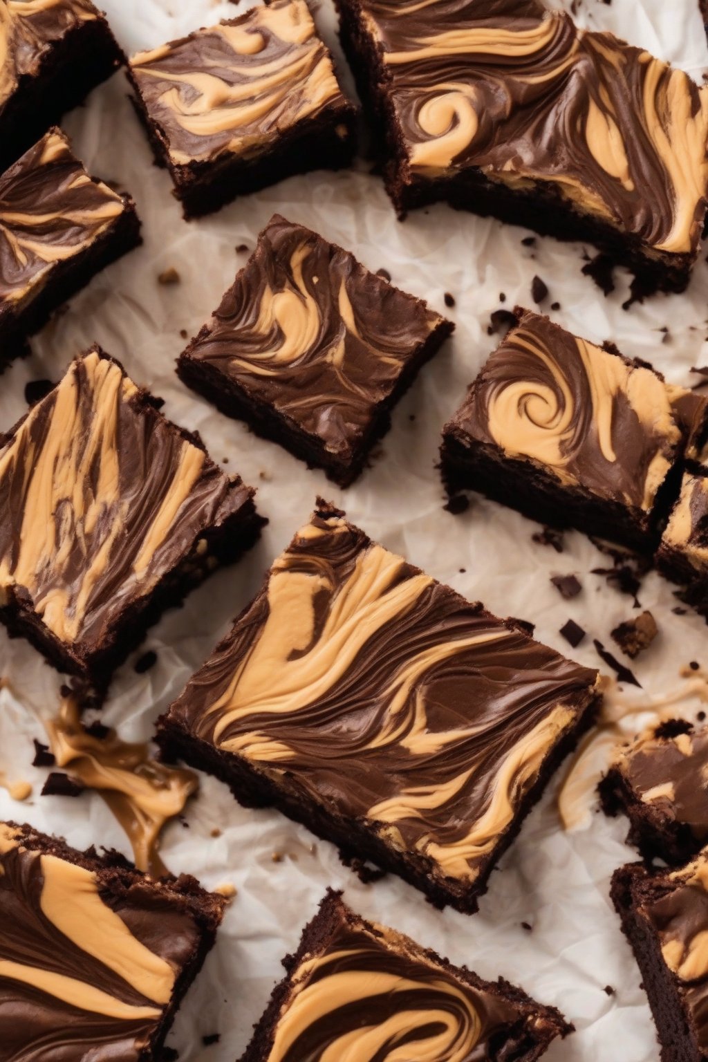 A high-resolution photo of peanut butter swirl dense brownies, marbled swirls on fudgy squares, under soft lighting.