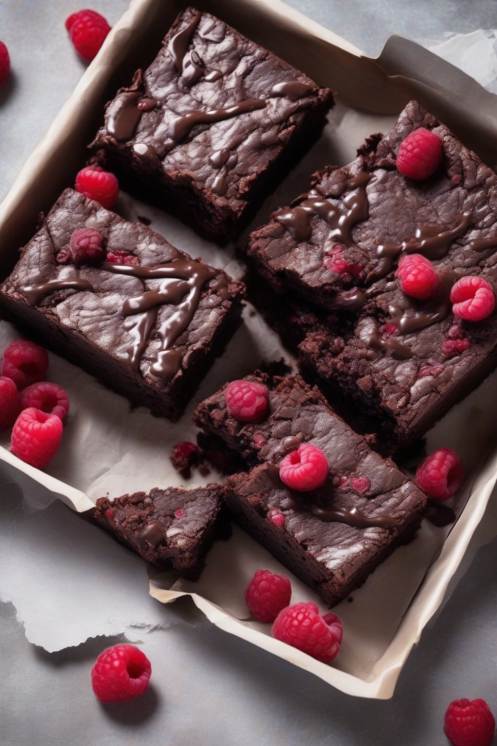 A high-resolution photo of raspberry dark chocolate dense brownies, red berries oozing in fudgy slices, under soft lighting.