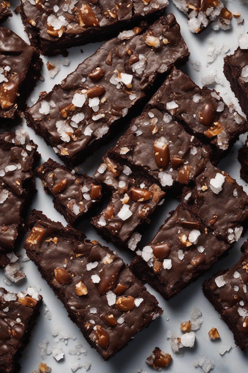 A high-resolution photo of pretzel sea salt dense brownies, crunchy bits and salt crystals on chewy edges, under soft lighting.