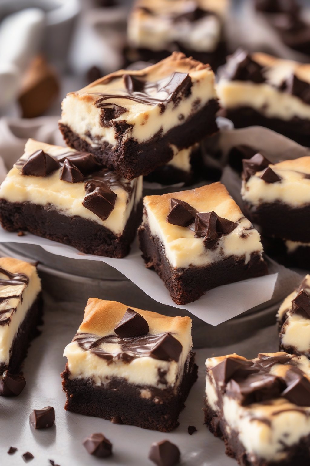 A high-resolution photo of cheesecake stuffed dense brownies, creamy white filling peeking from fudgy tops, under soft lighting.