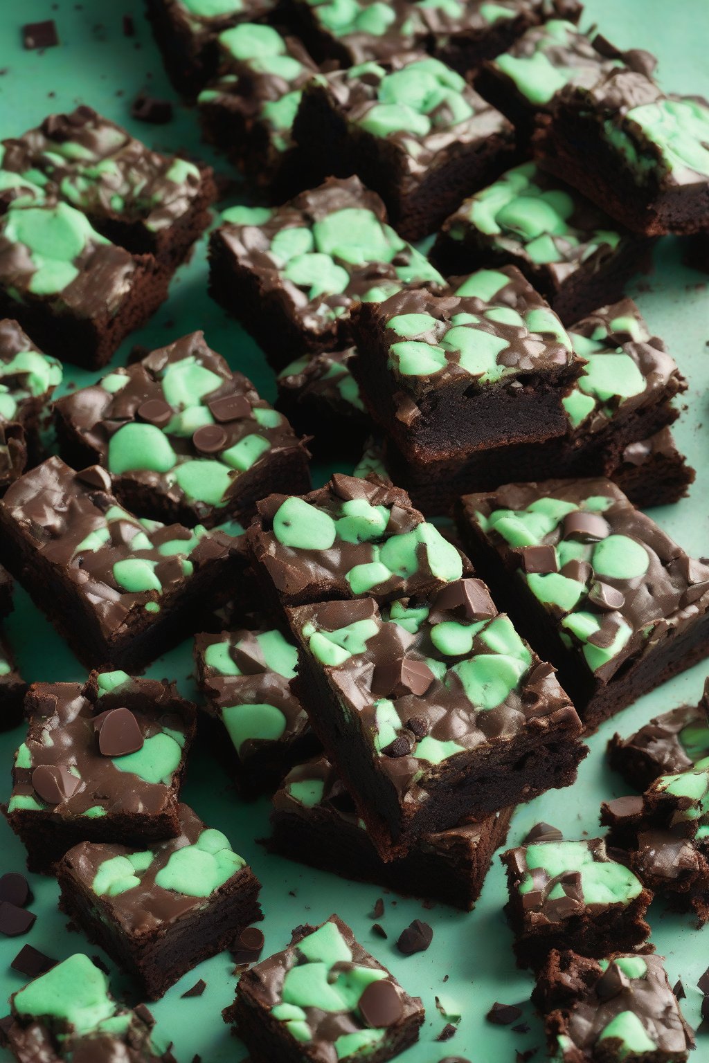 A high-resolution photo of mint chocolate chip dense brownies, green-flecked chips in ultra-fudgy centers, under soft lighting.