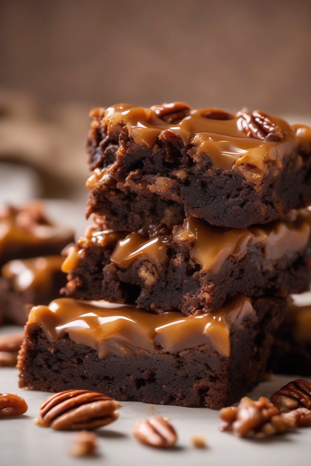 A high-resolution photo of caramel pecan dense brownies, gooey caramel rivers over nutty fudgy pieces, under soft lighting.
