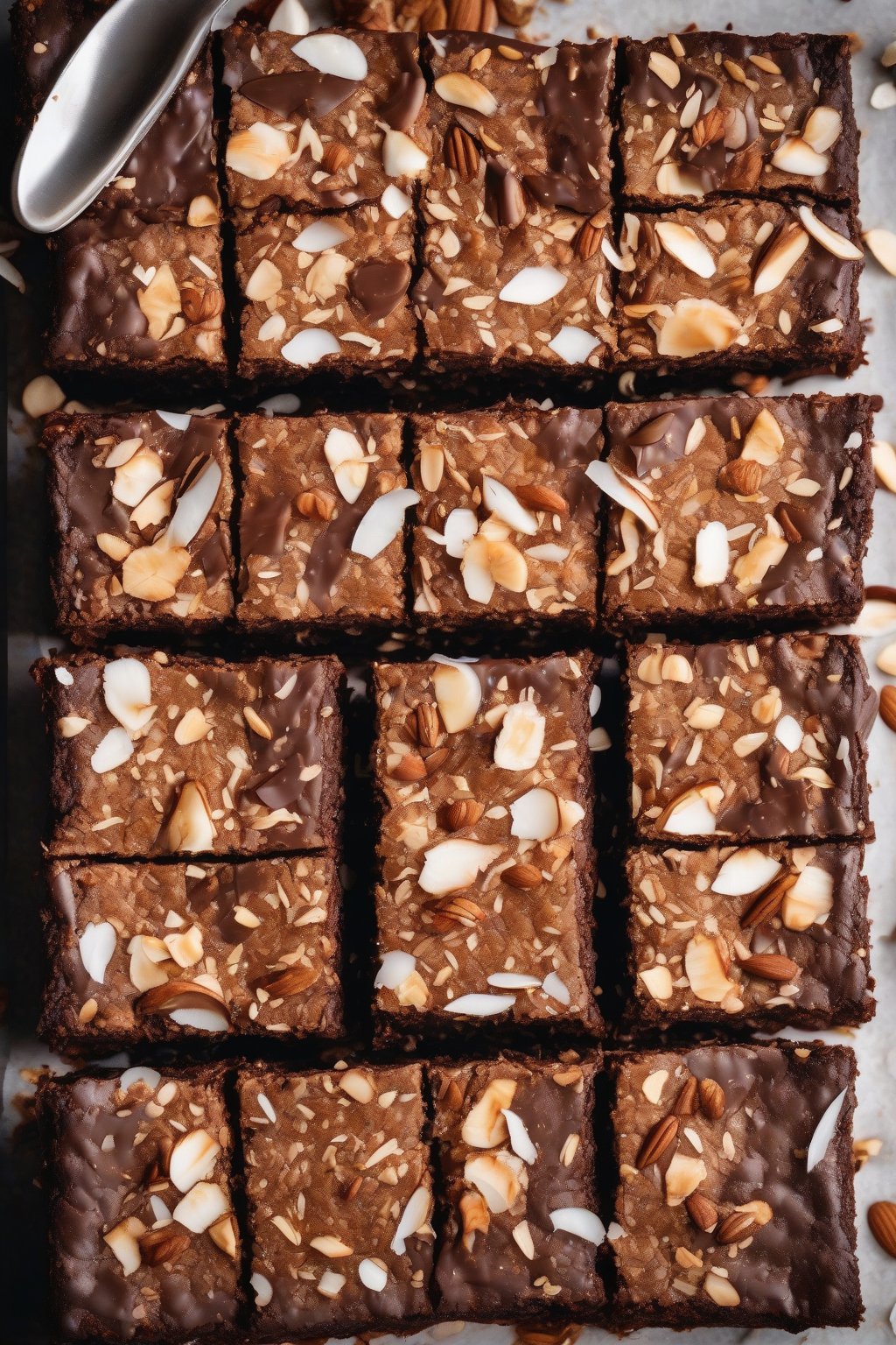 A high-resolution photo of coconut almond dense brownies, toasted coconut flakes on dense, nut-studded squares, under soft lighting.
