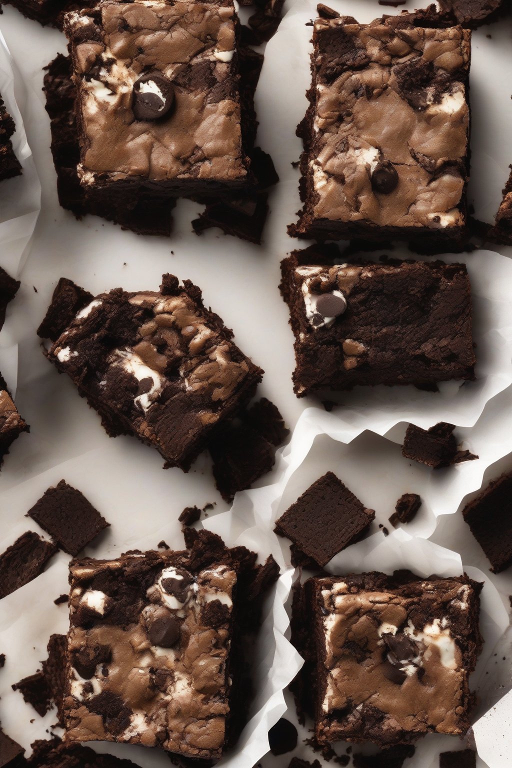 A high-resolution photo of Oreo crunch dense brownies, cookie chunks embedded in rich, fudgy layers, under soft lighting.