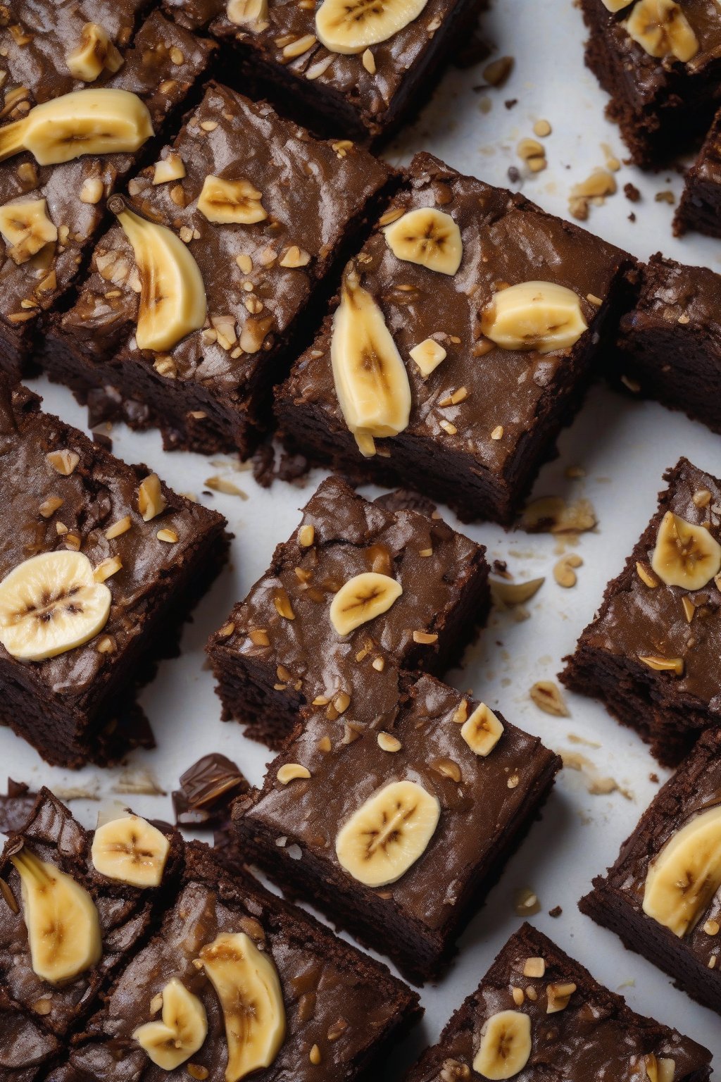 A high-resolution photo of banana foster dense brownies, caramelized banana flecks in moist fudgy slices, under soft lighting.