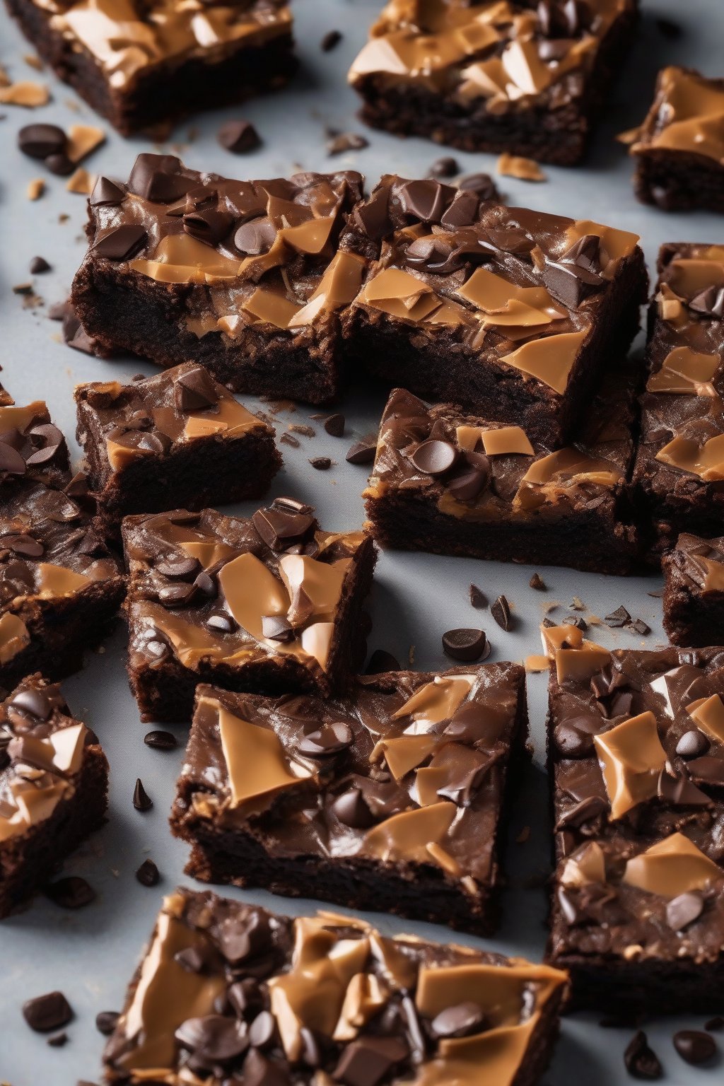 A high-resolution photo of espresso toffee dense brownies, shiny toffee shards in dark fudgy centers, under soft lighting.