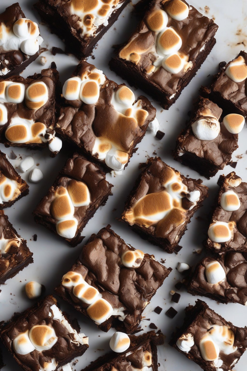 A high-resolution photo of s'mores dense brownies, toasted marshmallows atop graham-flecked fudgy bases, under soft lighting.