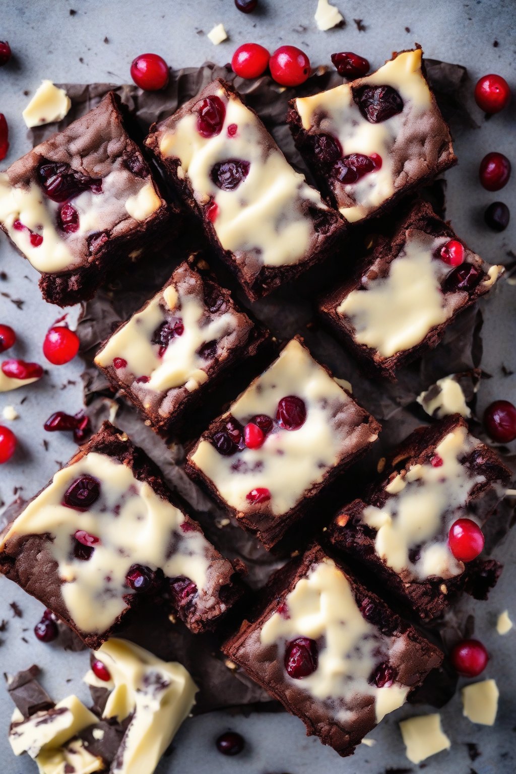 A high-resolution photo of white chocolate cranberry dense brownies, red berries dotting creamy chips in fudgy brownies, under soft lighting.