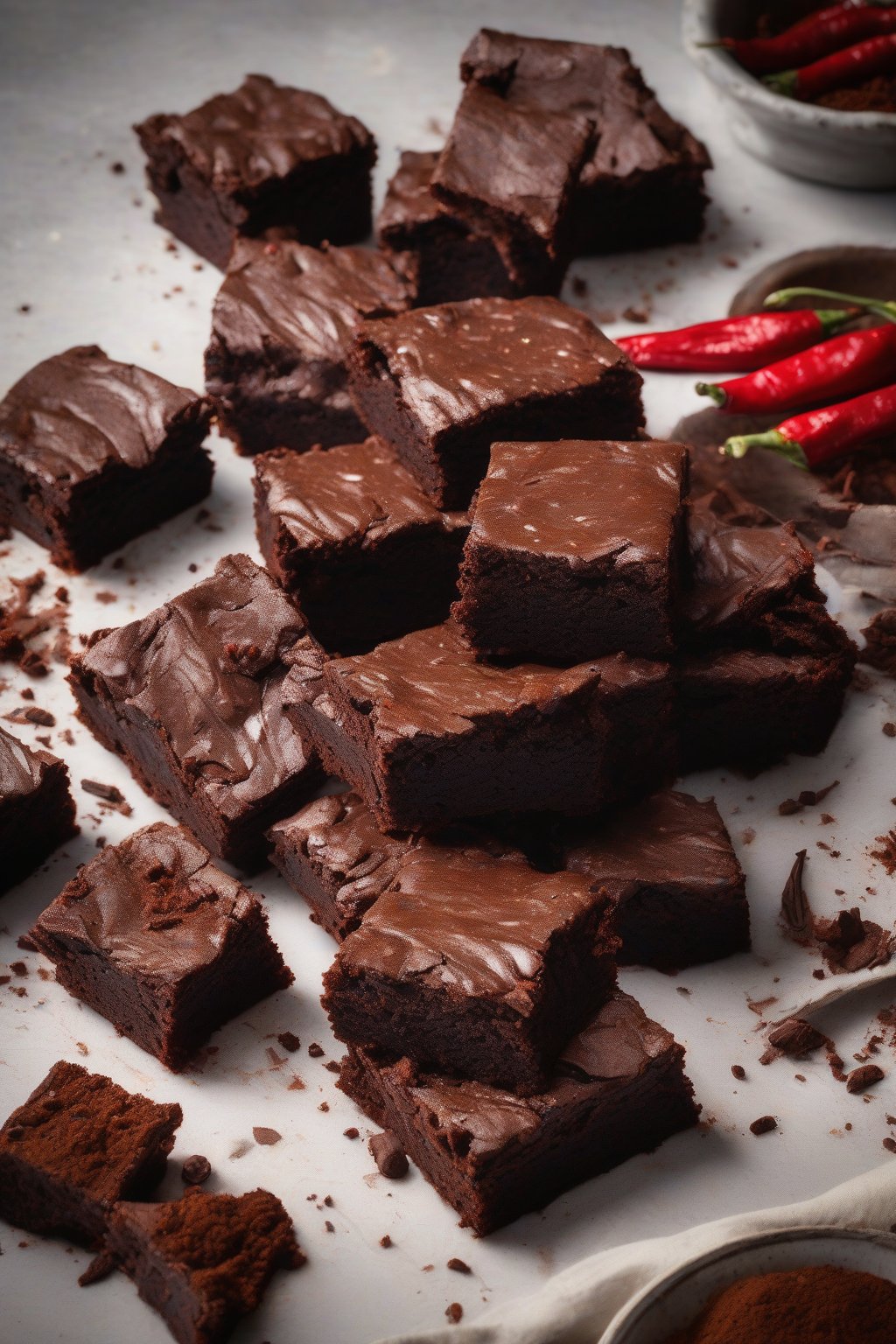 A high-resolution photo of spicy chili chocolate dense brownies, glossy tops with subtle red spice flecks on fudgy interiors, under soft lighting.