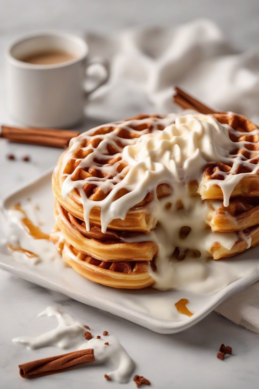 A high-resolution photo of a cinnamon roll chaffle drizzled with cream cheese frosting under soft lighting.
