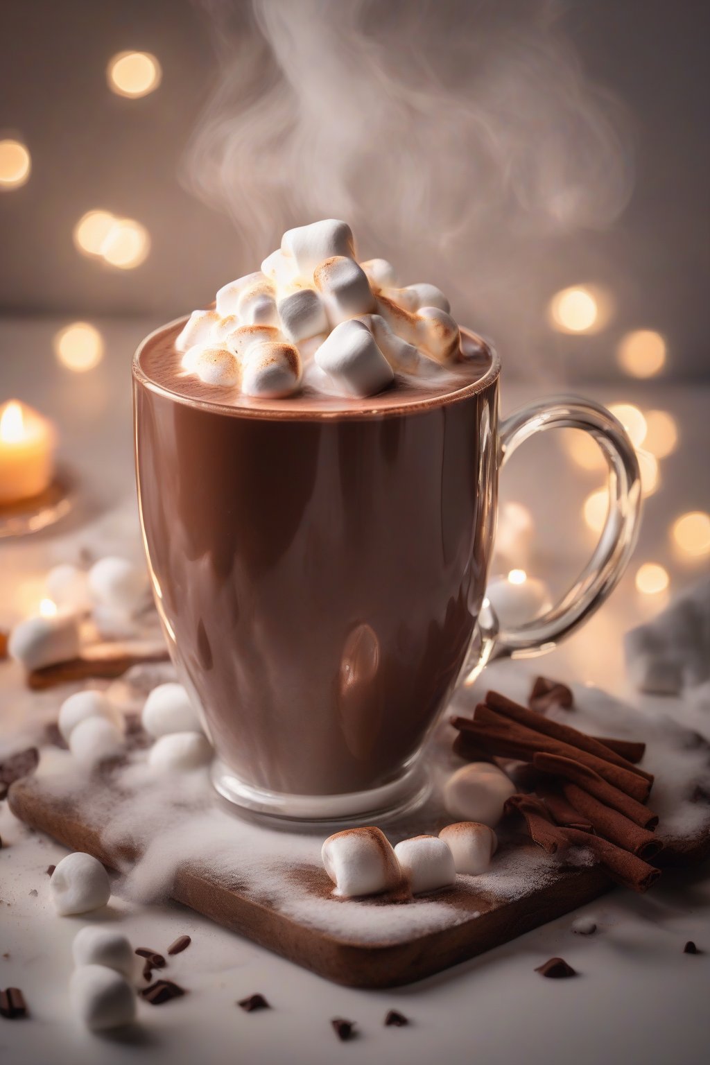 A high-resolution photo of a steaming mug of velvety hot chocolate topped with melting marshmallows under soft lighting.