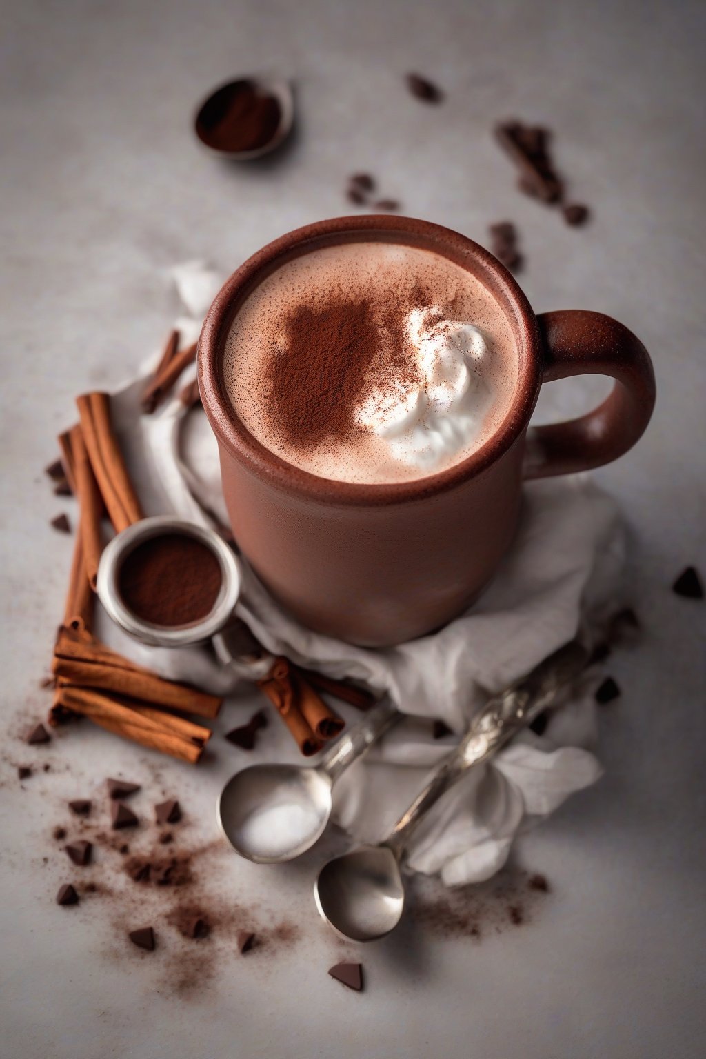 A high-resolution photo of frothy Mexican hot chocolate dusted with cinnamon and chili in a clay mug under soft lighting.