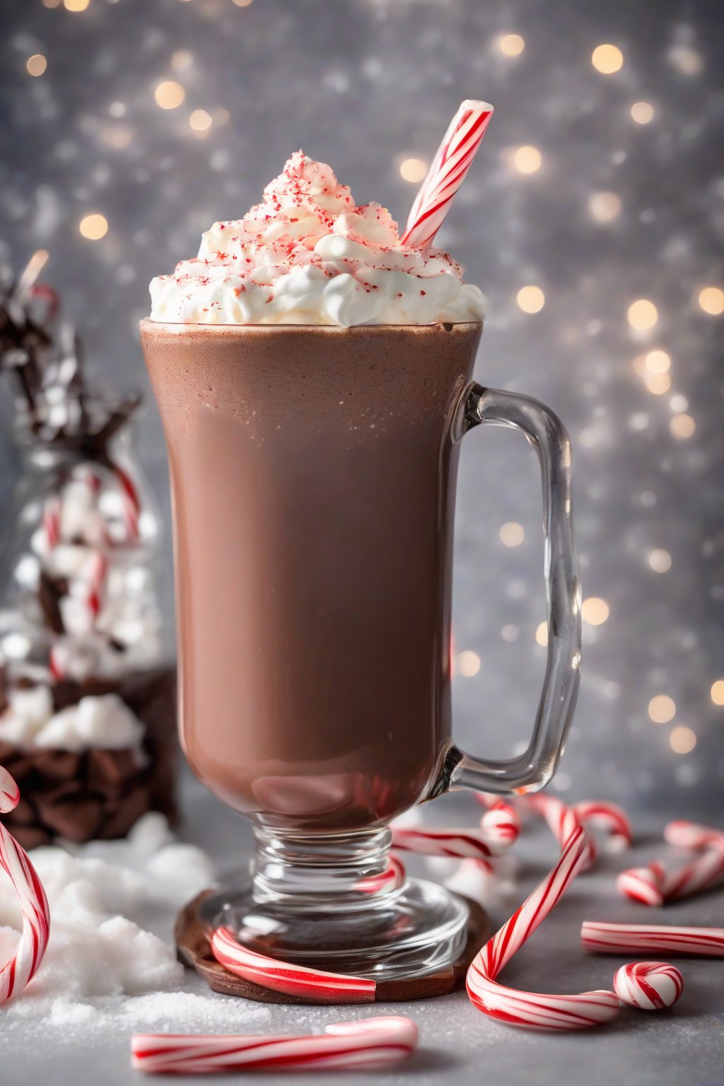 A high-resolution photo of peppermint mocha hot chocolate garnished with crushed candy canes and whipped cream under soft lighting.