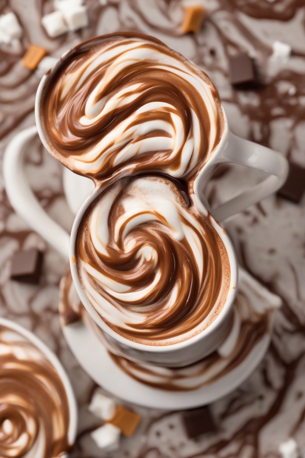 A high-resolution photo of salted caramel hot chocolate swirled with extra caramel drizzle under soft lighting.