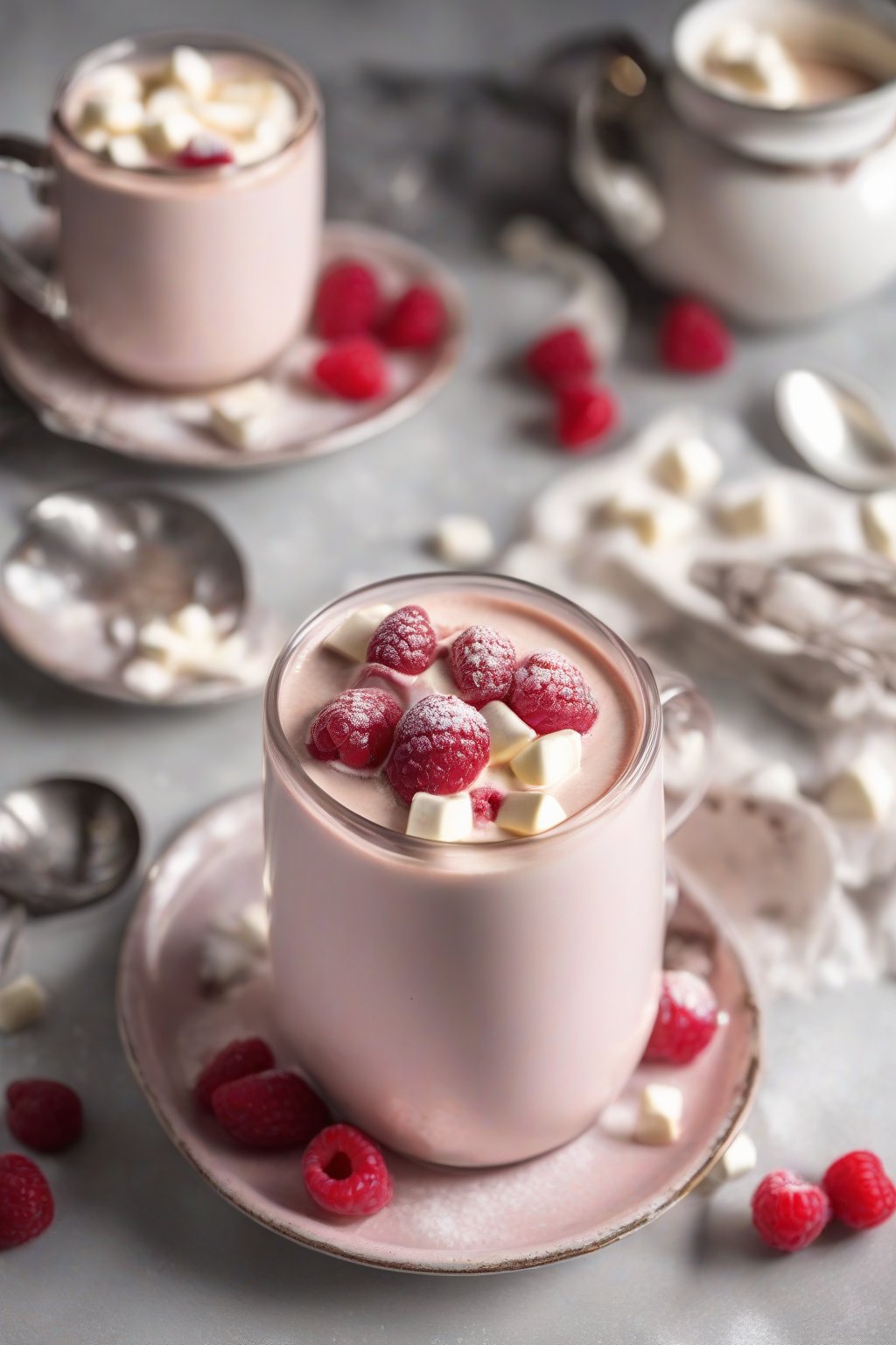 A high-resolution photo of pink-tinged white chocolate raspberry hot chocolate with fresh berries on top under soft lighting.