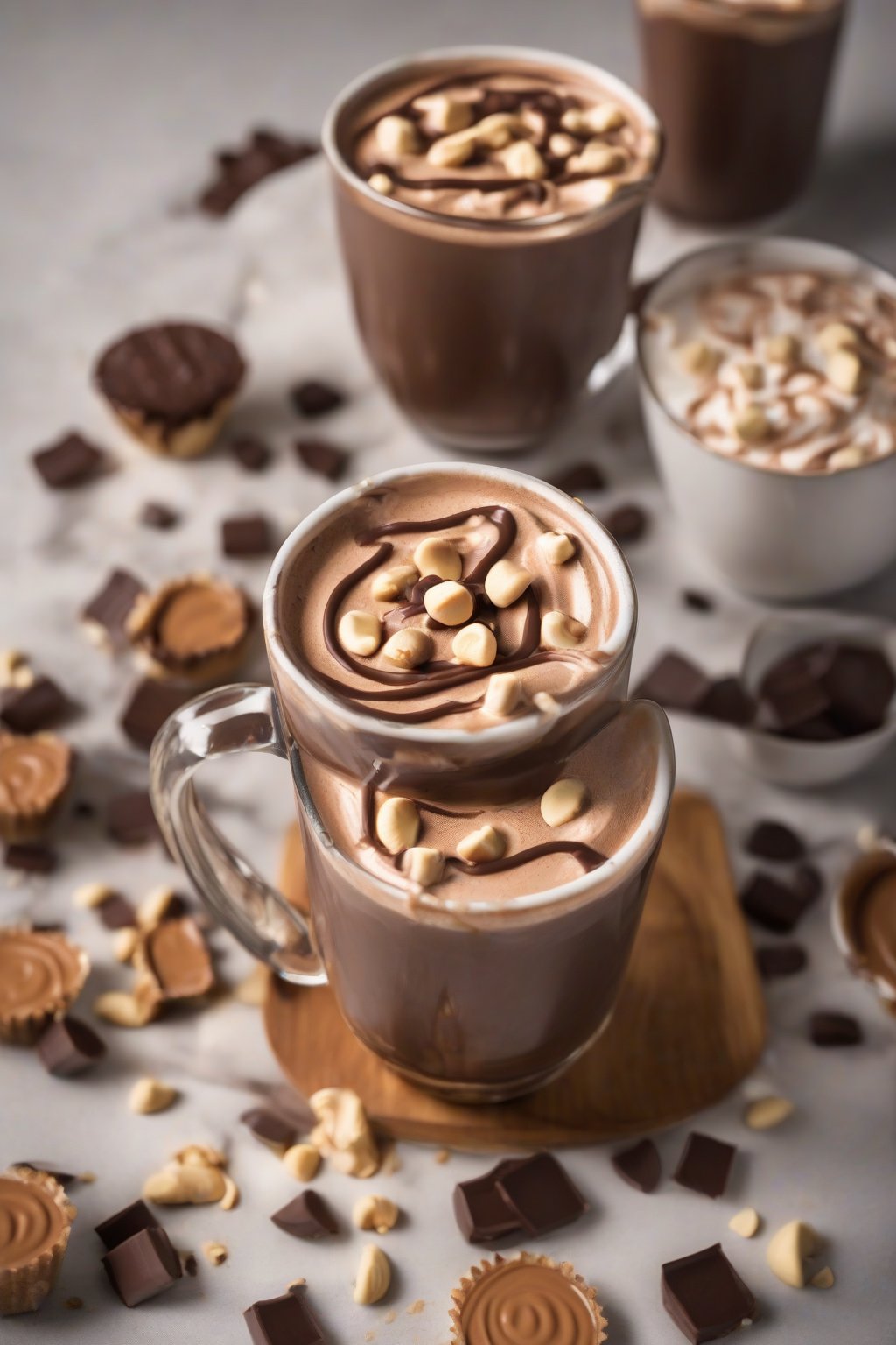 A high-resolution photo of peanut butter hot chocolate topped with peanut butter cups under soft lighting.