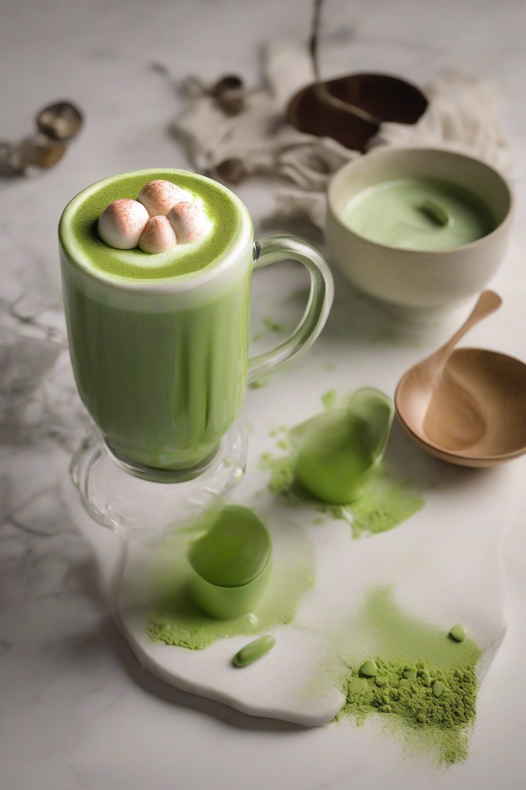 A high-resolution photo of vibrant green matcha hot chocolate with foam art under soft lighting.