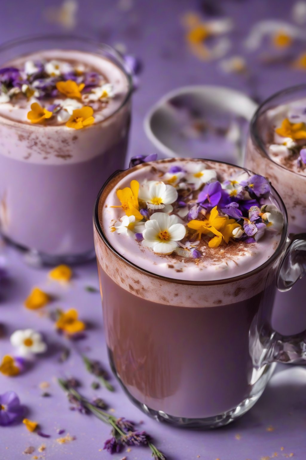 A high-resolution photo of lavender hot chocolate garnished with edible flowers under soft lighting.