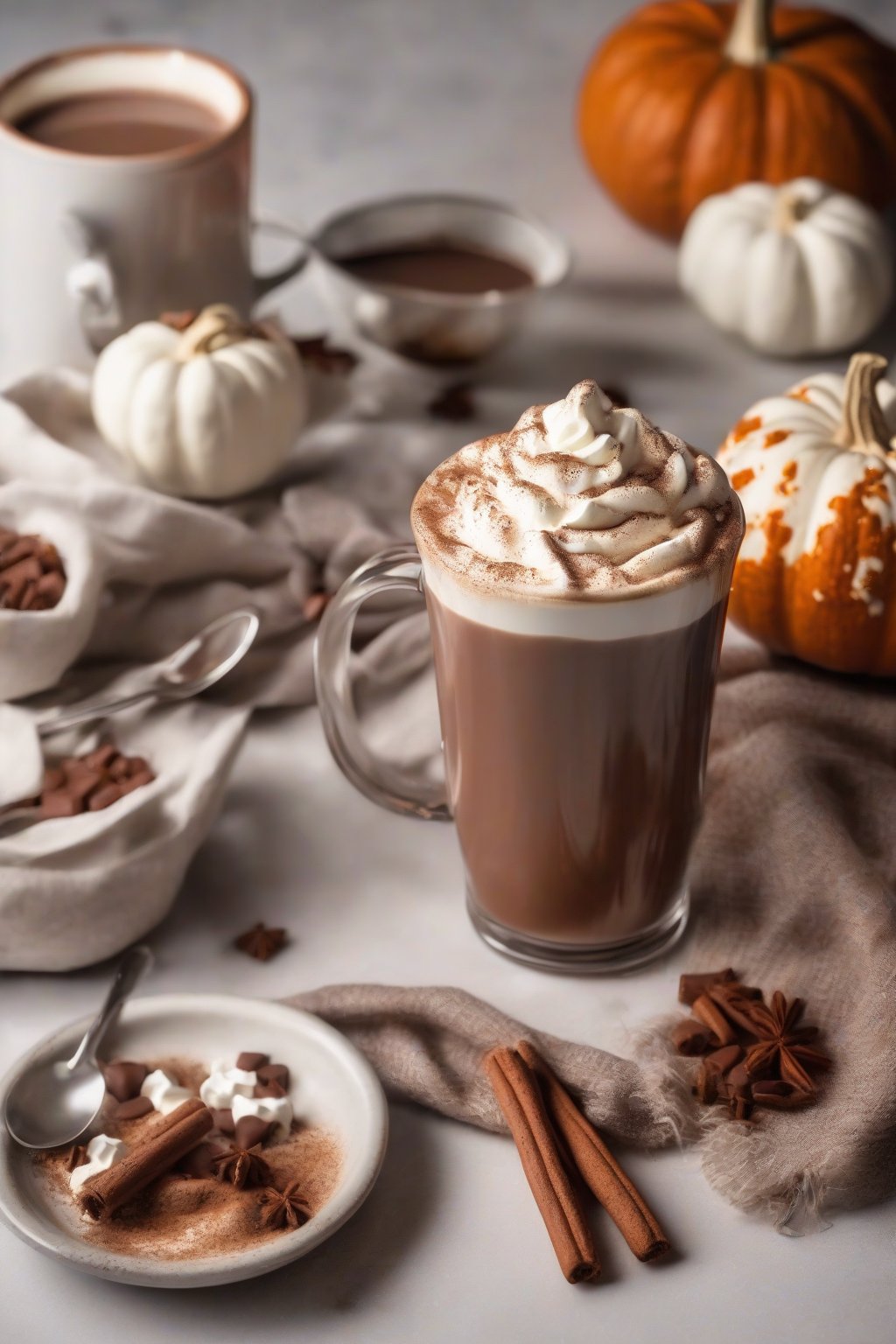 A high-resolution photo of pumpkin spice hot chocolate topped with whipped cream and nutmeg under soft lighting.