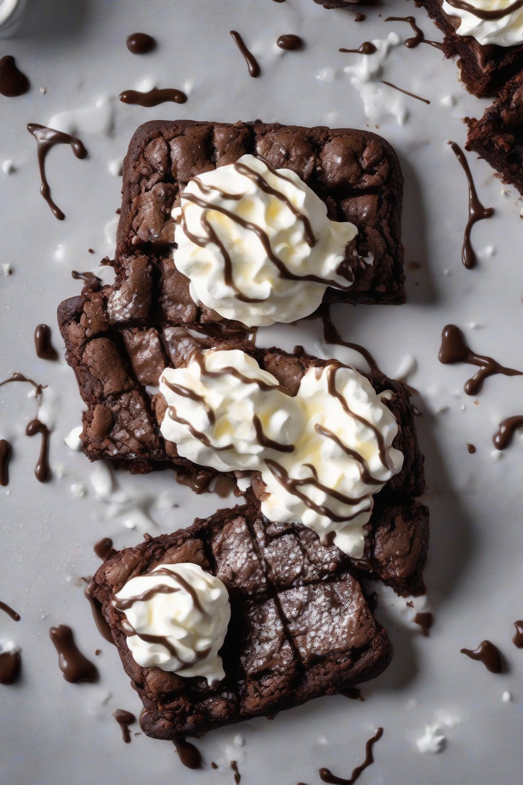 A high-resolution photo of a chocolate brownie chaffle topped with whipped cream under soft lighting.
