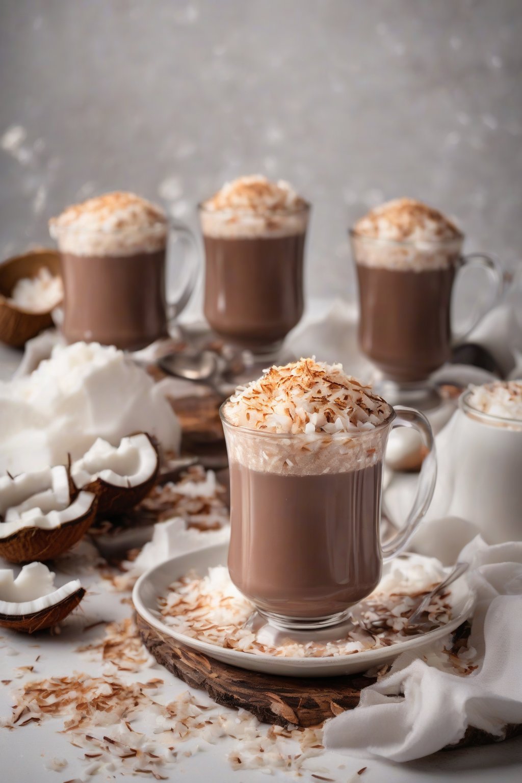 A high-resolution photo of coconut hot chocolate sprinkled with toasted coconut under soft lighting.