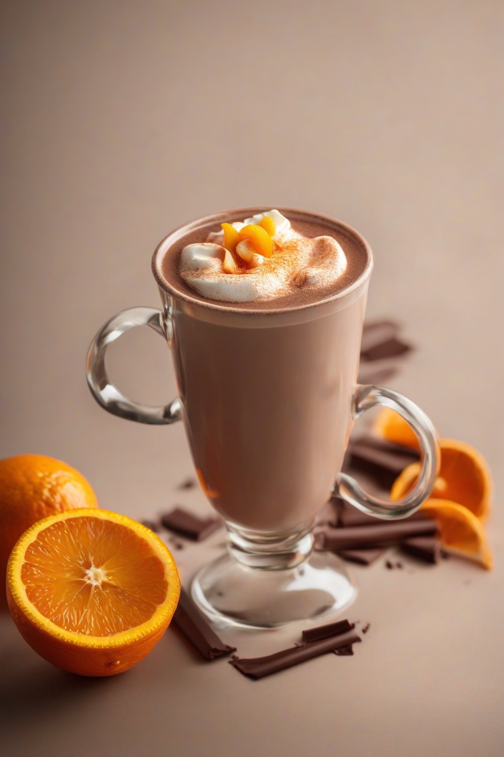 A high-resolution photo of orange-infused hot chocolate with orange peel twist under soft lighting.