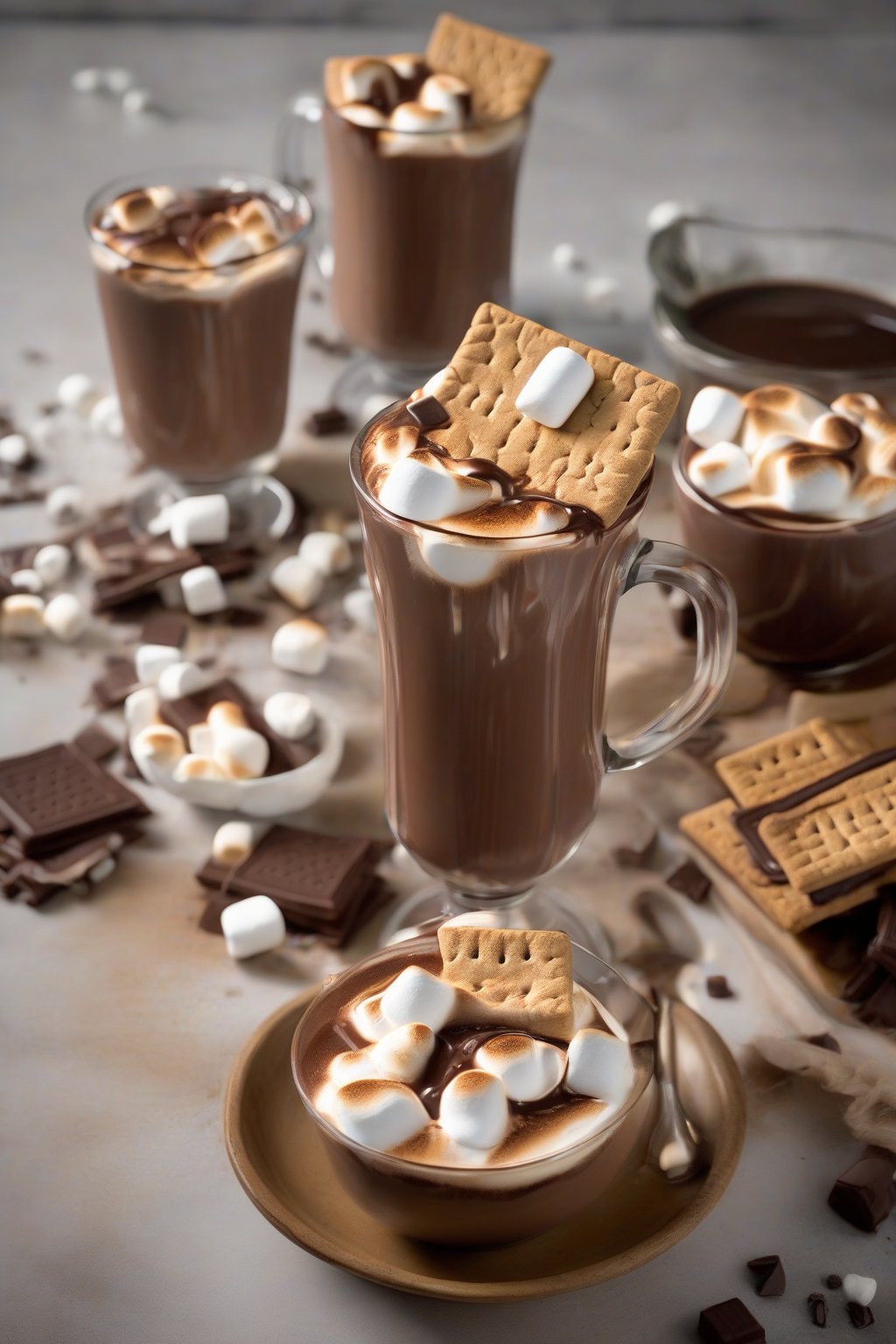 A high-resolution photo of s'mores hot chocolate with gooey marshmallows and graham cracker rim under soft lighting.